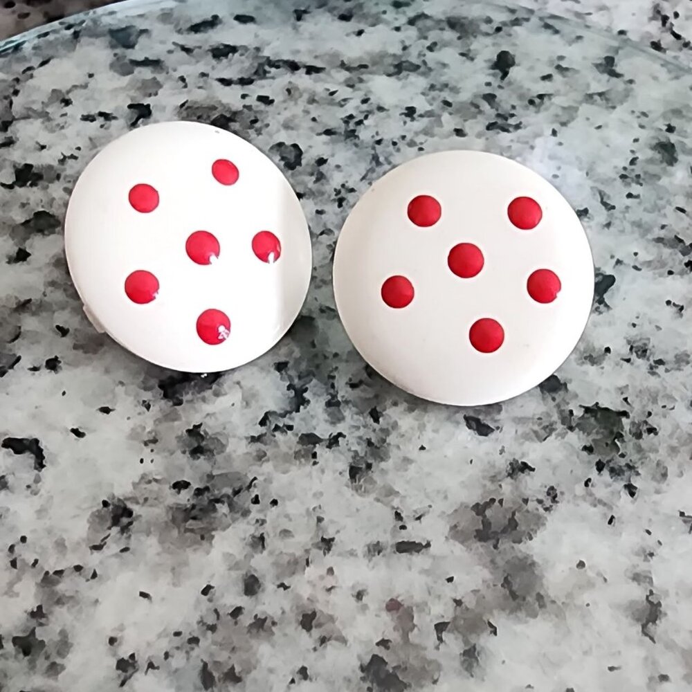 Vintage Retro Red Polka Dot Earrings-Round White Clip-on 50's Earrings-Excellent